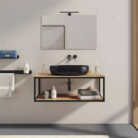 Mobile Bagno Sospeso Portalavabo 100 Cm Nero E Rovere Con Specchio Axis