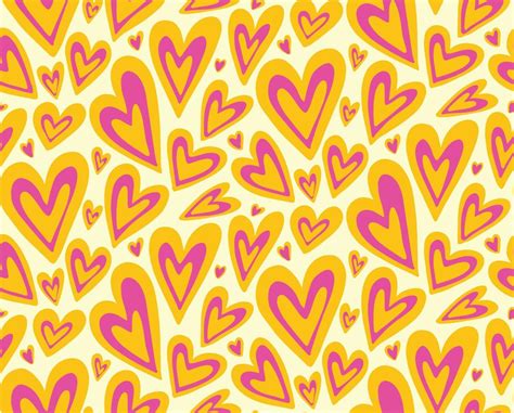 Groovy purple yellow hearts seamless pattern vector background. Retro ...