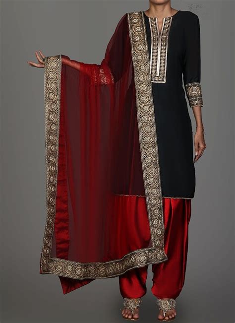 Black And Red Embroidered Punjabi Suit Features A Taffeta Silk Kameez