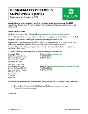 Fillable Online Plymouth Gov Designated Premises Supervisor Dps