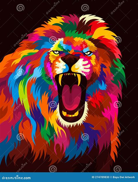 Illustration Colorful Lion Head With Pop Art Style Stock Vector