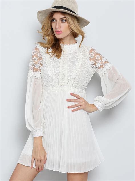 White Long Sleeve Embroidered Bead Lace Dress Shein Sheinside