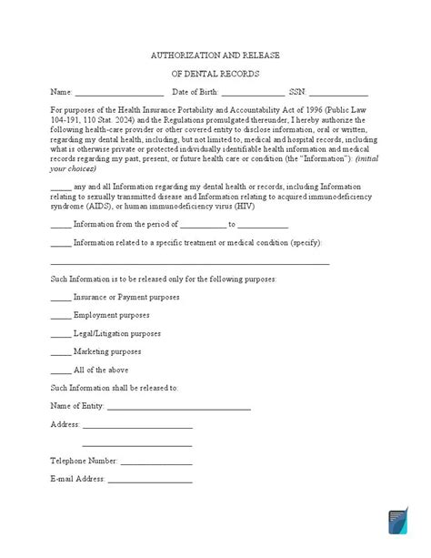 Free Dental Records Release Form Hipaa Formspal