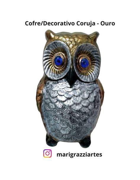 Cofre Coruja Ouro Az 27cm de Gesso Decoração Elo7