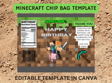 Editable Minecraft Chip Bag Design For Party Favors Giveaways