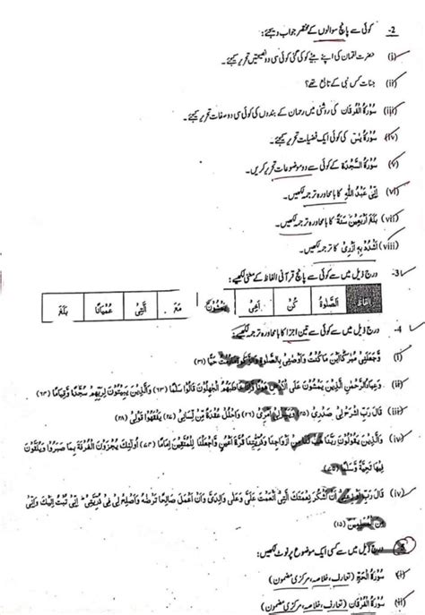 9th Class Tarjuma Tul Quran Guess Paper 2024 Punjab Board