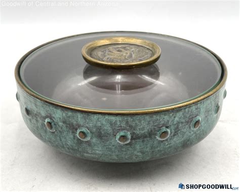 Vintage Enamel Brass Bowl With Glass Lid Pal Bell Co Ltd