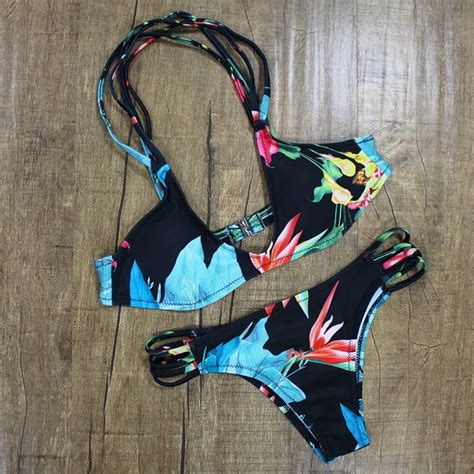 Sexy Floral Bikini Sets Push Up Halter Bow Knot Bikini Backless Cross