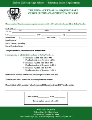 Fillable Online Bishop Guertin High SchoolApplication For Admission Fax