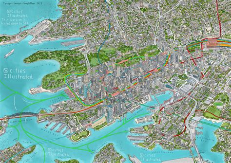 Map of Sydney CBD area transit. Subways, commuter rail, trams and ferries : r/transit