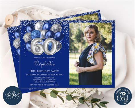 60th Birthday Invitation Template Editable Dark Blue And Silver Birthday Invite Adult Party