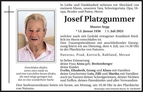 Traueranzeigen Von Josef Platzgummer Trauer Bz