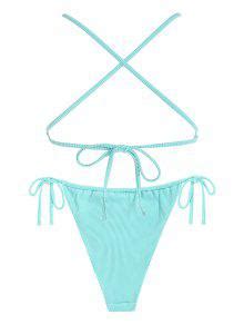 Ribbed Ruffle Criss Cross Tie Side Loincloth Bikini Set In Green