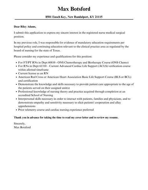 Registered Nurse Medical Surgical Cover Letter Velvet Jobs