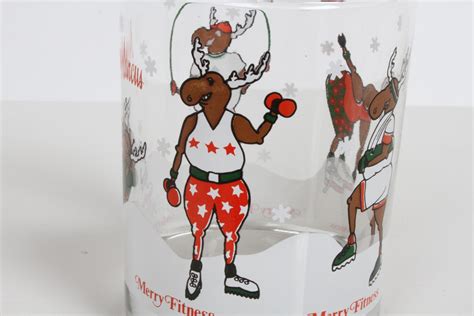 Vintage Neiman Marcus Holiday Christmas Theme Merry Fitness Bar Glasses