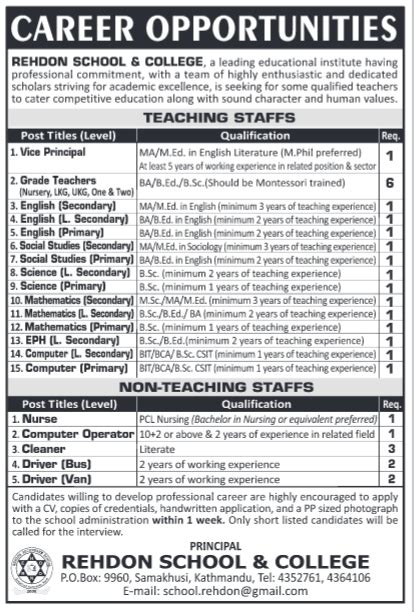 Scienceprimary Job Vacancy In Nepal Rehdon School And College March