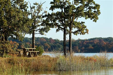 Picnic Table At Lake In Fall Free Stock Photo - Public Domain Pictures