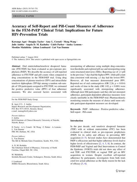 Pdf Accuracy Of Self Report And Pill Count Measures Of Adherence In The Fem Prep Clinical