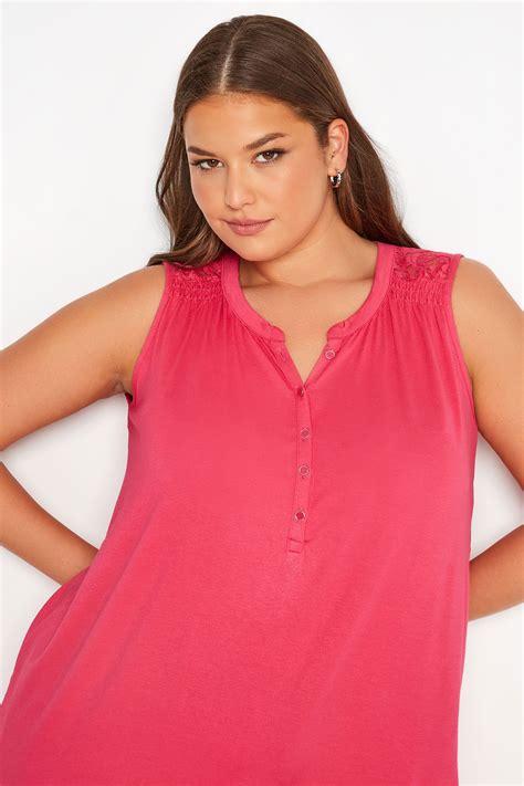 Plus Size Hot Pink Lace Insert Button Down Vest Top Yours Clothing