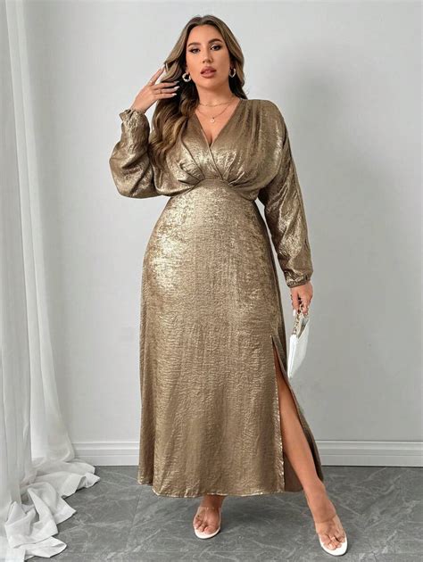 Shein Priv Vestido Plus Size Decote Em V E Folha De Ouro Fenda Na