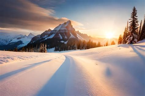 Premium Photo | A snowy landscape with a mountain in the background