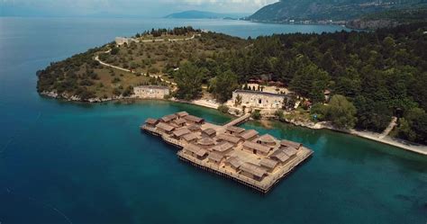 Aerial Footage Of The Open Museum On Water Bay Of Bones On The Ohrid