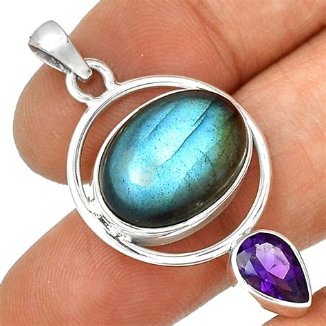 Pendentif protection labradorite et améthyste monture argent 925 ref 3439