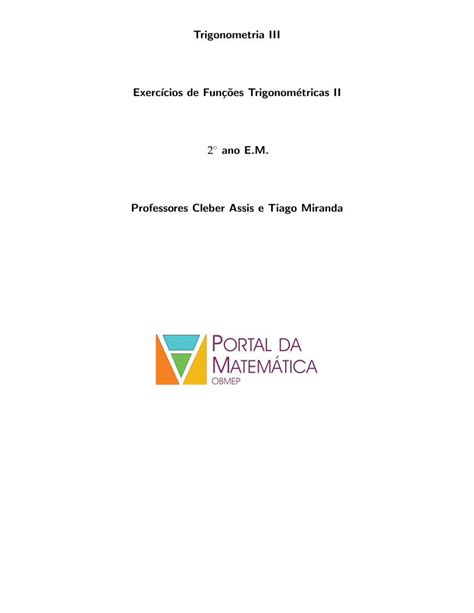 PDF Trigonometria III Exerc Cios De Func Oes Trigonom Etricas II