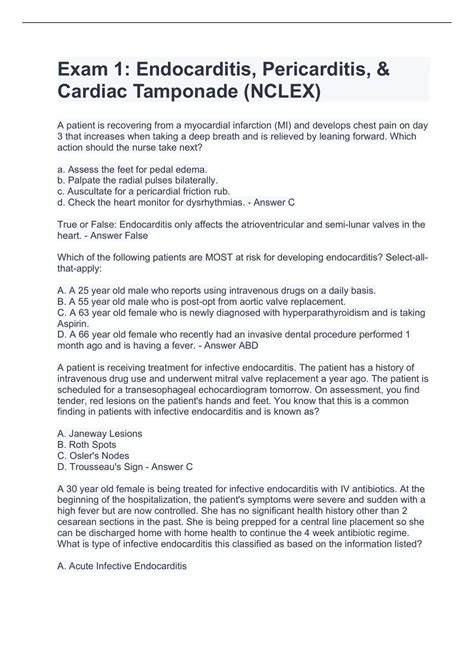 Exam 1 Endocarditis Pericarditis Cardiac Tamponade NCLEX