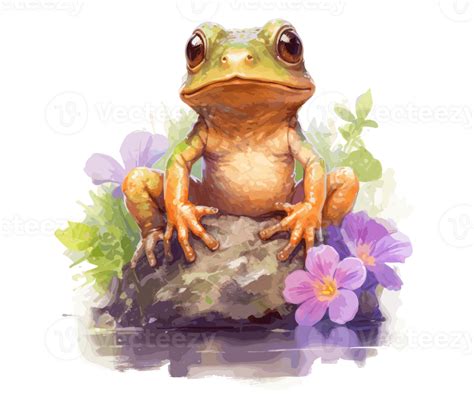 Adorable Baby Frog with Flowers Watercolor. 23657735 PNG