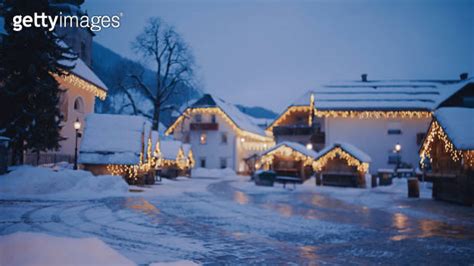 Illuminated Snowy Alpine Village Kranjska Gora At Blue Hour During