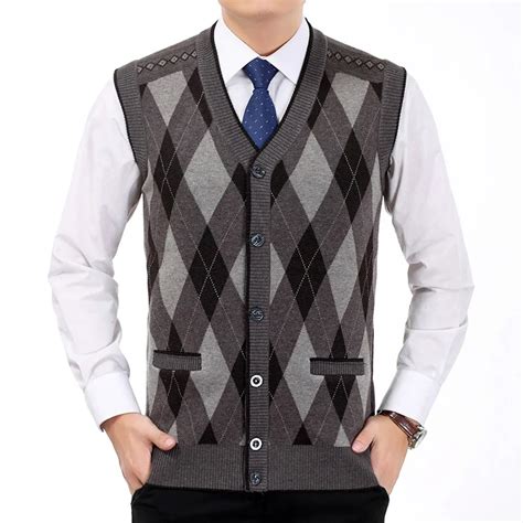 Autumn Men Knitted Sweater Woolen Vests Male Plaid Single Breasted Sleeveless Vests Cashmere