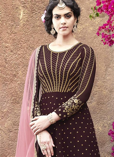 Brown Embroidered Georgette Semi Stitched Salwar With Dupatta Rivera