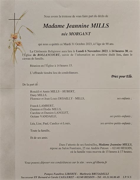 Avis De D C S De Jeannine Mills Pompes Fun Bres Libert Brusadelli