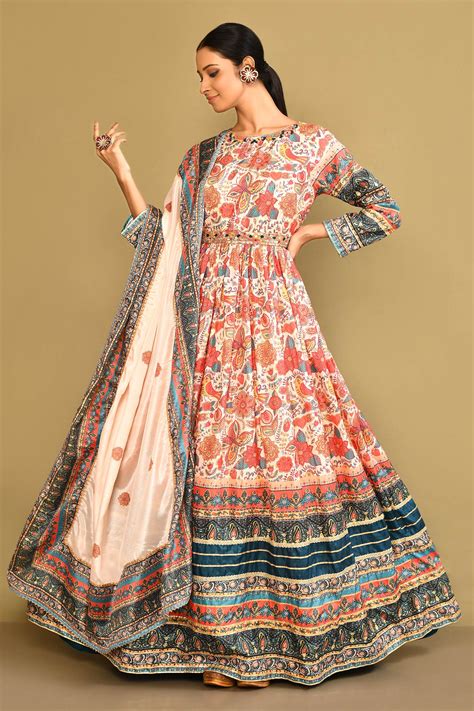 Buy Multi Color Anarkali Dola Silk Digital Printed Floral With Dupatta