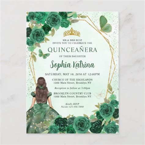 Emerald Green Gold Floral Princess Quinceañera Invitation Postcard Zazzle