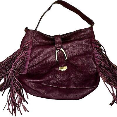 Gili Purse Plum Pebbled Leather Fringe Gold Buckle Hobo Shoulder Bag