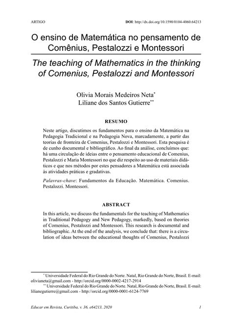 PDF O ensino de Matemática no pensamento de Comênius Pestalozzi e