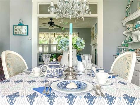 Blue and White Dining Room With Glass Chandelier - Soul & Lane