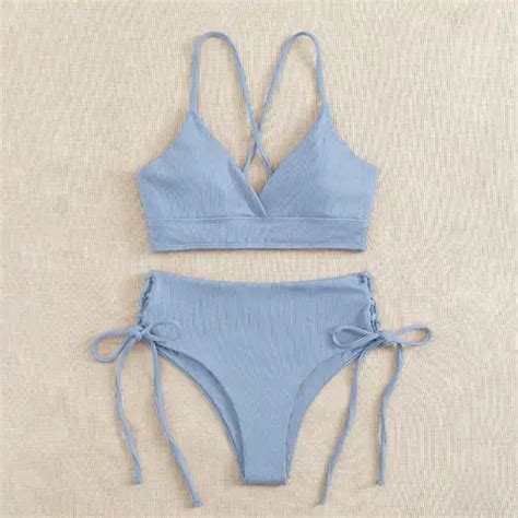 Cikini V Neck Split Bikini Set For Women Sexy Swimsuit Lace Up Triangular Bikinis Solid