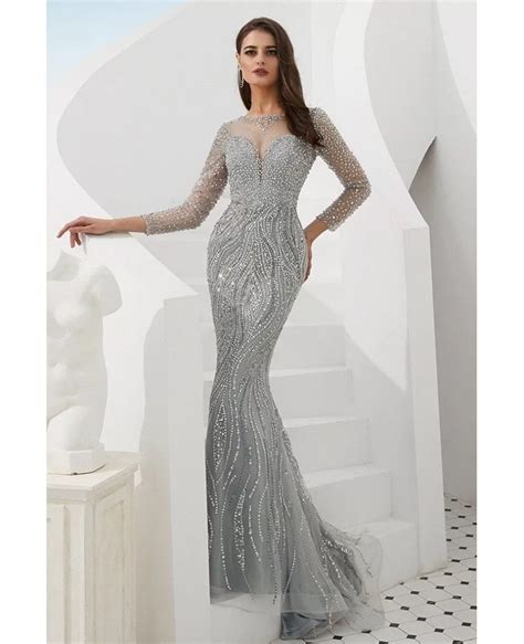 Luxury Silver Mermaid Long Sleeve Prom Dress With Sparkly Beading