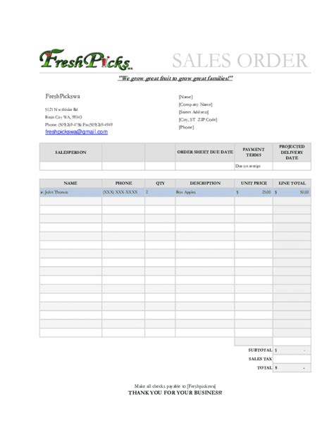 Fillable Online SALES ORDER Fresh Picks Fax Email Print PdfFiller