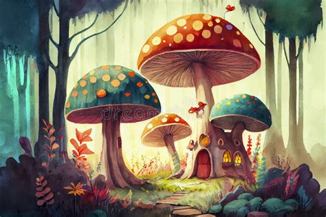 Fantasy Fairytale Forest With Giant Mushrooms Generative Ai