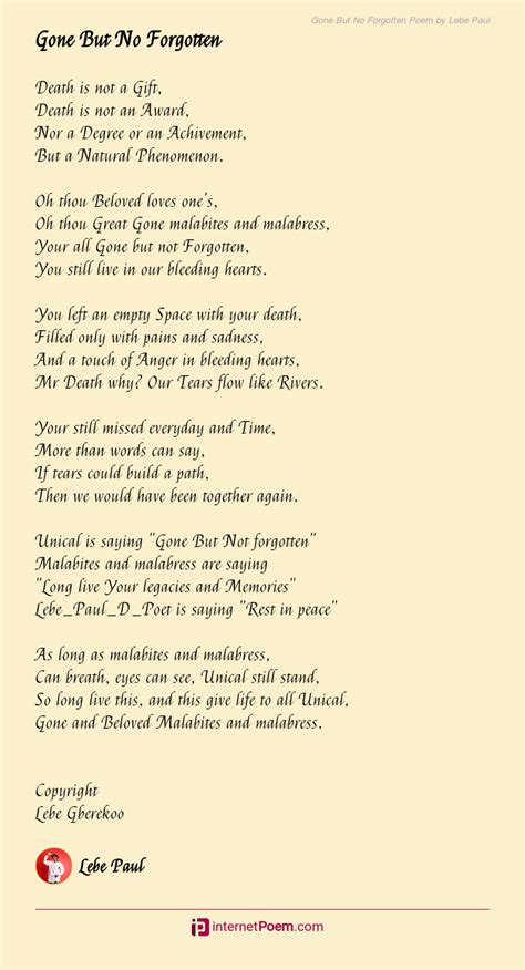 Gone But Not Forgotten Funeral Poem Funeral Poems, Funeral