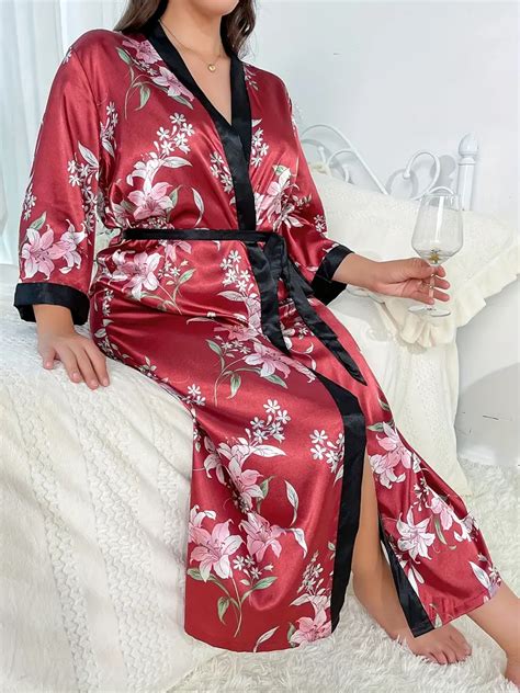 Plus Size Elegant Nightgown Womens Plus Satin Floral Print Temu