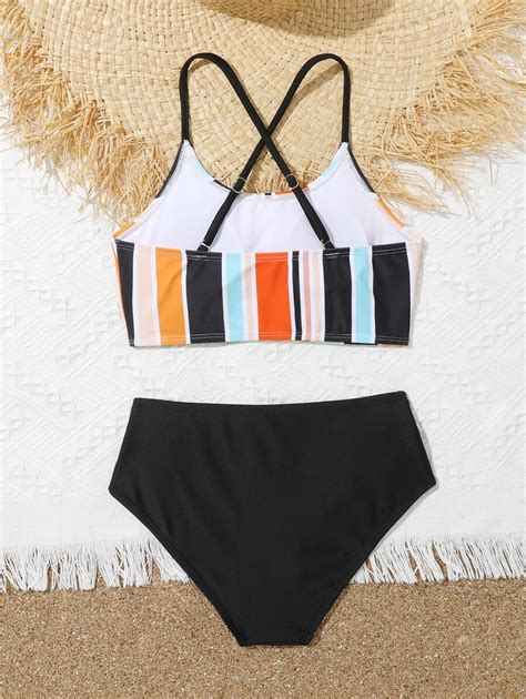 Tween Girl Striped Ruched Bikini Set Summer Beach Shein Usa