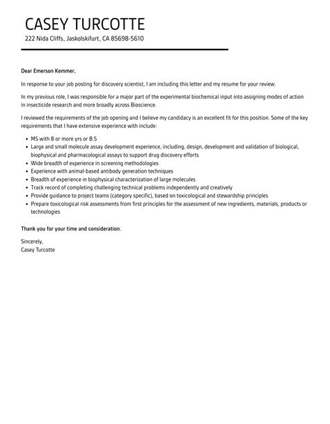 Discovery Scientist Cover Letter Velvet Jobs