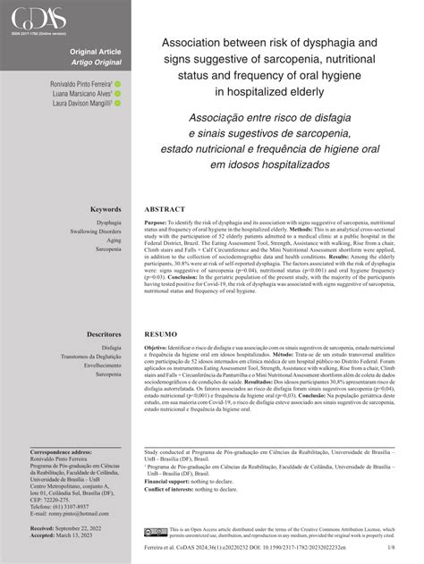 Pdf Association Between Risk Of Dysphagia And Signs Suggestive Of