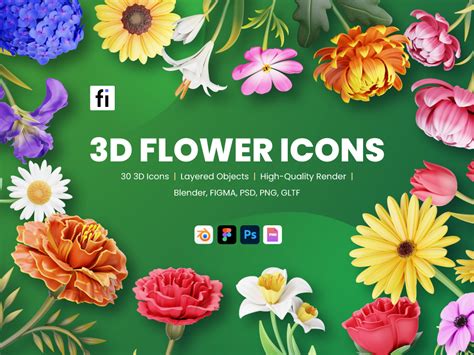 3d Flower Icon Set Flat Icons