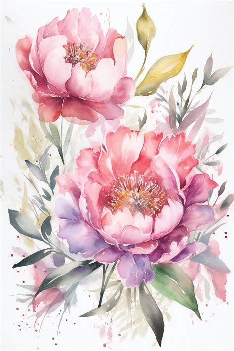 Premium Photo | A watercolor painting of peonies with a yellow bird on the left.